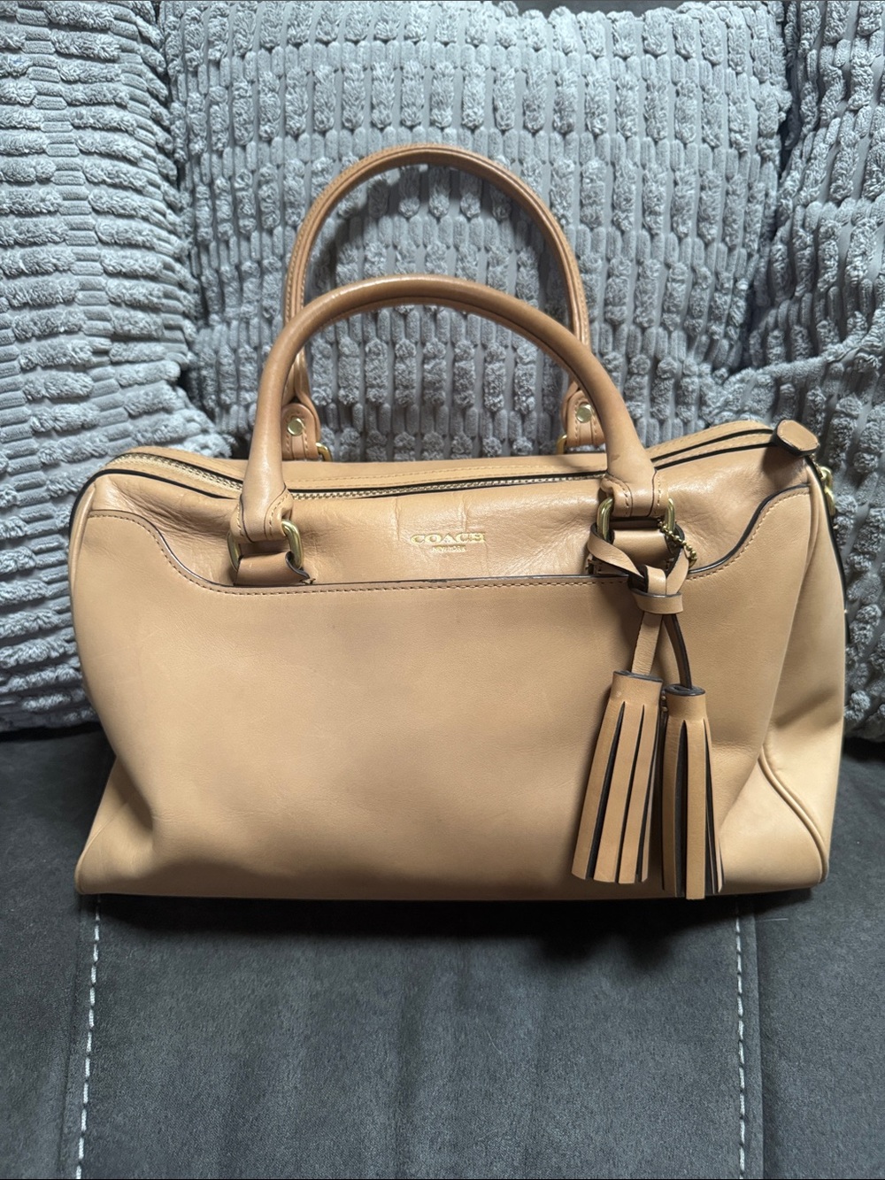 Coach Beige/Tan Leather Satchel with Tassel Accent